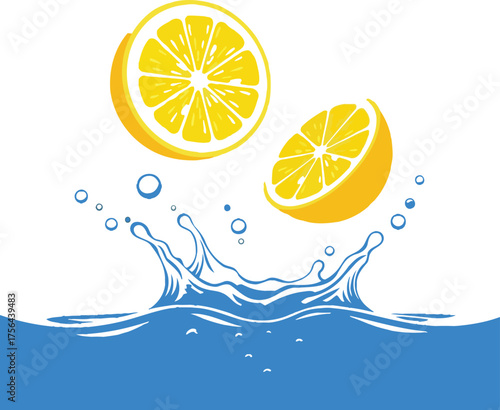Fresh lemon slices falling into water with splashes and bubbles