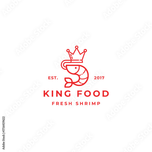 Minimalist shrimp logo design with a crown, perfect for a seafood restaurant or food brand, featuring fresh seafood and a modern, elegant aesthetic