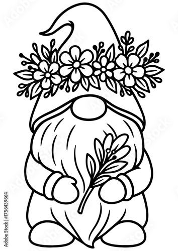 Gnome with flower wreath and branch. Minimal vector for engraving, line art and print decoration.