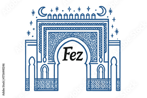 Fez Gate Design. Hand-drawn fez blue gate with moons, patterns, and sparkles, center word “Fez” in black and white isolated