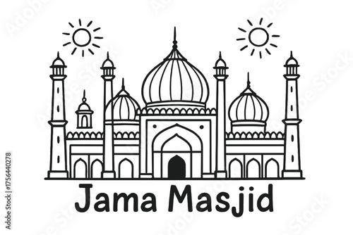 Jama Masjid Illustration. Hand-drawn jama masjid with suns, lanterns, and domes, center word “JamaMasjid” in black and white