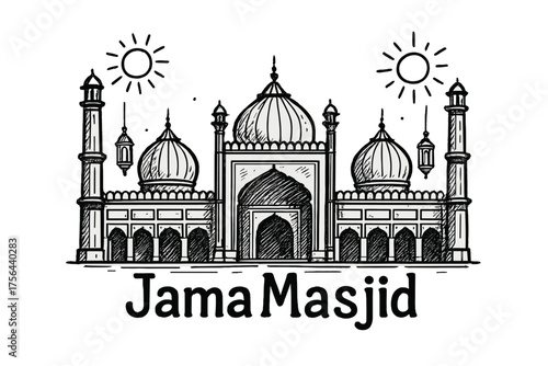 Jama Masjid Illustration. Hand-drawn jama masjid with suns, lanterns, and domes, center word “JamaMasjid” in black and white