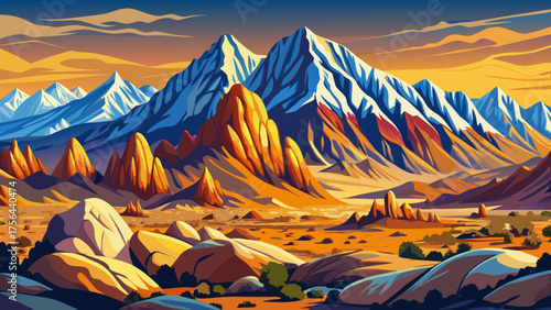 Very beautiful view of Sierra Mountains from Alabama Hills near Lone Pine, California, USA, showcasing rugged rock formations, snow-capped peaks, and stunning natural desert landscape under clear skie