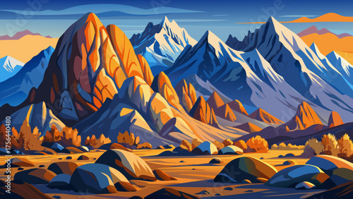 Very beautiful view of Sierra Mountains from Alabama Hills near Lone Pine, California, USA, showcasing rugged rock formations, snow-capped peaks, and stunning natural desert landscape under clear 