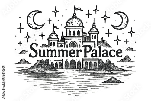 Summer Palace Serenity. Hand-drawn summer palace with moons, lakes, and sparkles, center word “SummerPalace” in black and white