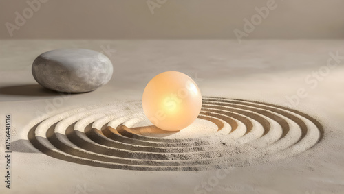 Zen Garden Serenity: Minimalist Raked Sand Patterns with a Central Glowing Orb in Warm Stone and Beige Tones Under Soft, Diffused Light