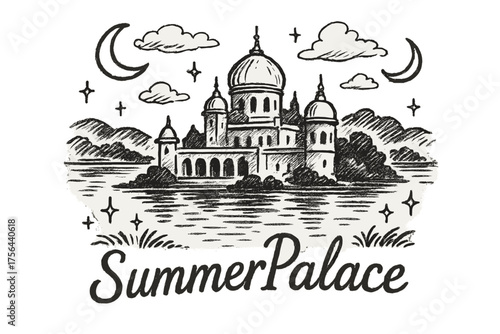 Summer Palace Serenity. Hand-drawn summer palace with moons, lakes, and sparkles, center word “SummerPalace” in black and white