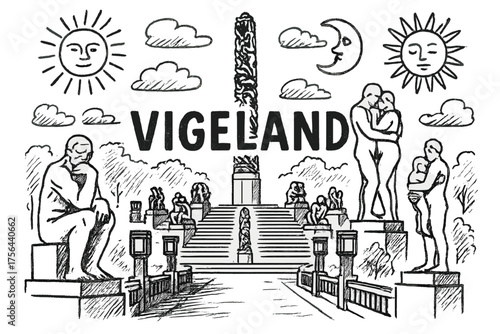 Vigeland Park Illustration. Hand-drawn vigeland park with suns, moons, and statues, center word “Vigeland” in black and white