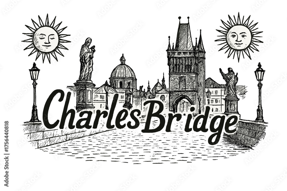 Fototapeta premium Charles Bridge Sketch. Hand-drawn charles bridge with suns, statues, and lanterns, center word “CharlesBridge” in black and white