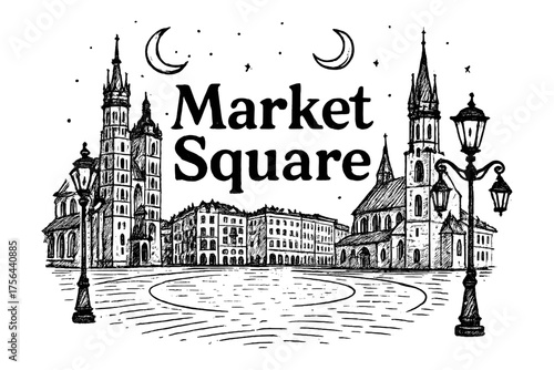 Market Square Sketch. Hand-drawn main market square with moons, churches, and lanterns, center word “MarketSquare” in black and