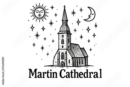St. Martin's Celestial Cathedral. Hand-drawn st martin’s cathedral with moons, suns, and sparkles, center word “MartinCathedral”