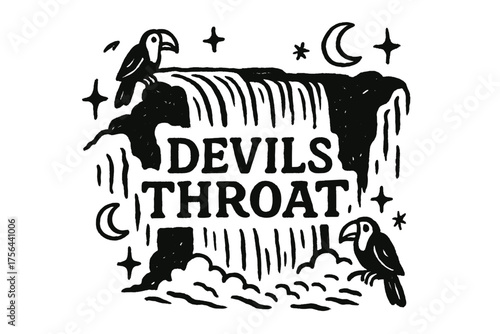 Devil's Throat Artistry. Hand-drawn devil’s throat cascade with moons, parrots, and sparkles, center word “DevilsThroat” in black