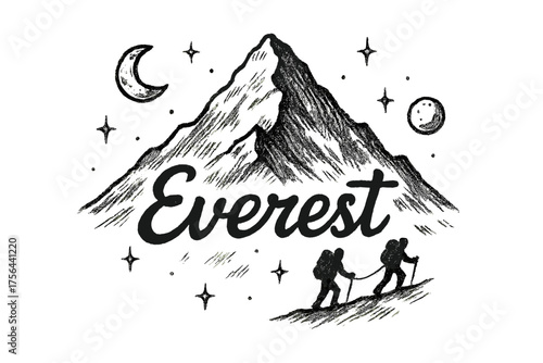 Everest Fantasy Illustration. Hand-drawn mount everest with moons, climbers, and sparkles, center word “Everest” in black and