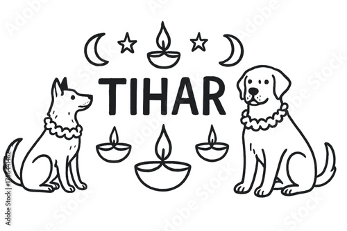 Tihar Celebration Elements. Hand-drawn tihar with candles, dogs, and moons, center word “Tihar” in black and white isolated