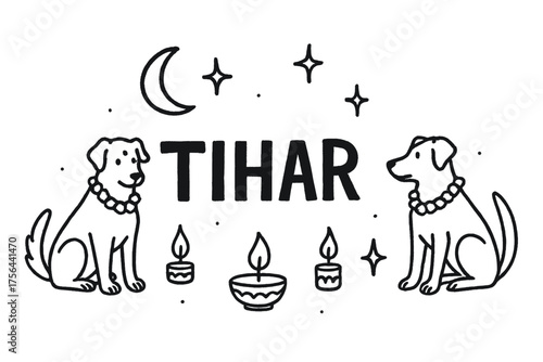 Tihar Celebration Elements. Hand-drawn tihar with candles, dogs, and moons, center word “Tihar” in black and white isolated