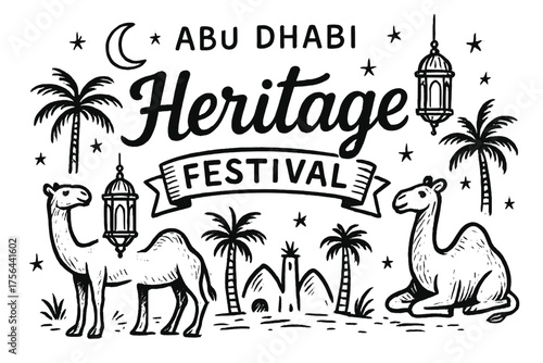 Abu Dhabi Heritage Festival. Hand-drawn abu dhabi heritage festival with camels, moons, and lanterns, center word “Heritage” in