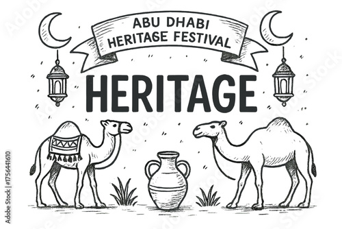 Abu Dhabi Heritage Festival. Hand-drawn abu dhabi heritage festival with camels, moons, and lanterns, center word “Heritage” in