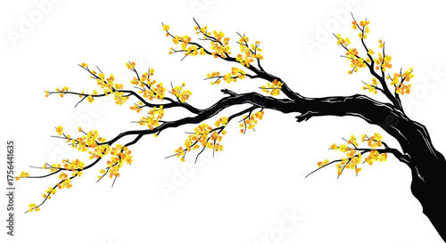 Vector illustration of a delicate branch of a plum tree with yellow flowers