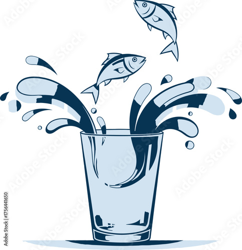 Two fish leaping out of a glass of water with splashes and droplets creating dynamic motion