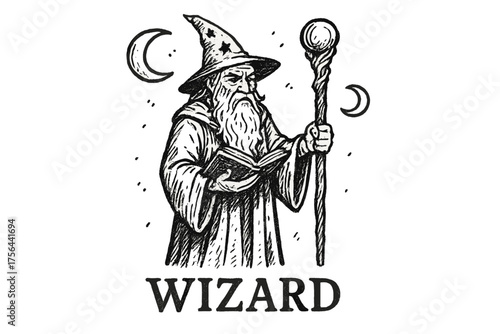 Wizardry Symbols Montage. Hand-drawn wizard with moons, staffs, and spell books, center word “Wizard” in black and white isolated