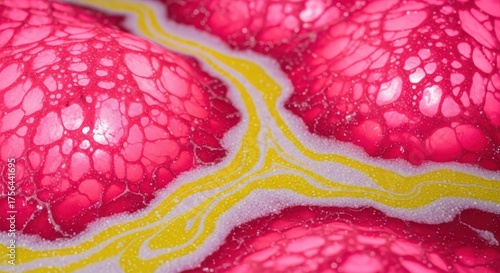 Abstract pink and yellow fluid art close up view