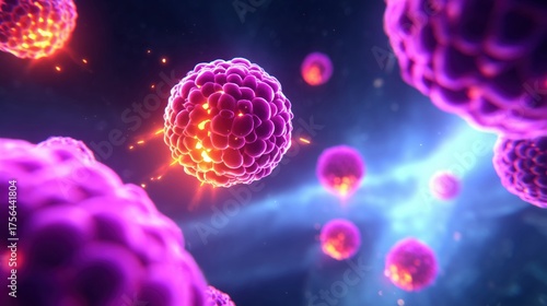 Microscopic view of glowing cancer cells exposed to radiation energy, symbolizing modern oncology treatment, radiotherapy innovation, and advanced medical research background