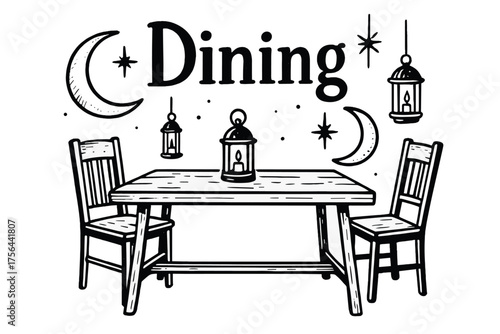 Lunar Dining Table. Hand-drawn dining table with moons, chairs, and lanterns, center word “Dining” in black and white isolated