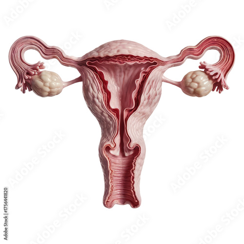Anatomical model of the female reproductive system showing uterus, fallopian tubes, and ovaries on a white background.