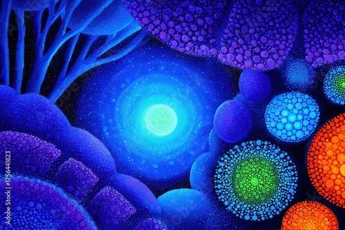 Colorful abstract depiction of microscopic life forms in vivid blues, purples, and greens. Bright central glow, ideal for science and creativity themes.