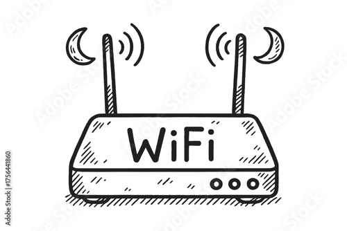 WiFi Router Art. Hand-drawn wifi router with moons, signals, and lights, center word “WiFi” in black and white isolated
