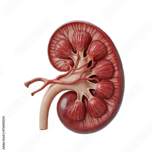 A detailed anatomical cross-section of a human kidney, showcasing its internal structures and blood vessels.