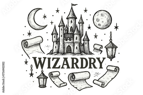 Wizardry Castle Design. Hand-drawn wizard castle with moons, scrolls, and lanterns, center word “Wizardry” in black and white