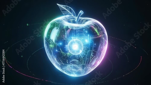 Futuristic apple featuring holographic technology shines bright against dark background. Holographic technology allows internal components to be visible, creating unique design.