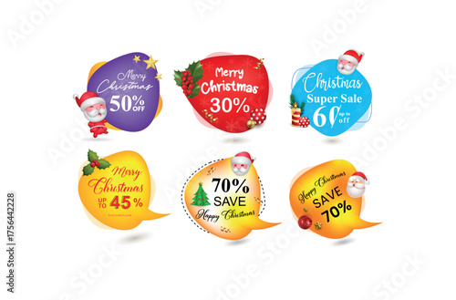 A collection of editable christmas sale banners featuring santa claus, snowflakes, holly leaves, and gift elements. Marketing design for winter promotions, New Year offers, and festive shopping events