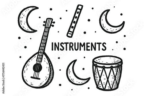 Folk Instruments and Moons. Hand-drawn folk instruments with moons, flutes, and drums, center word “Instruments” in black and
