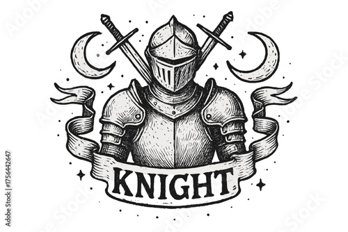Knight Armor and Moons. Hand-drawn knight full armor with moons, swords, and banners, center word “Knight” in black and white