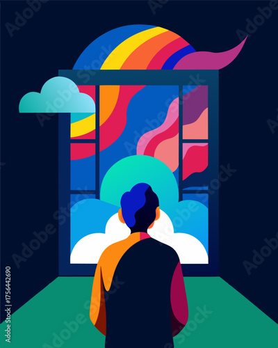 A person stares longingly through a window at a beautiful vibrant world outside but feels unable to break through the heavy dark walls of depression that hold them back.. Vector illustration