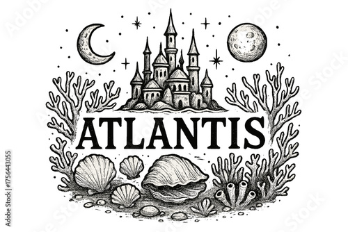 Underwater Atlantis Sketch. Hand-drawn underwater kingdom with moons, corals, and shells, center word “Atlantis” in black and