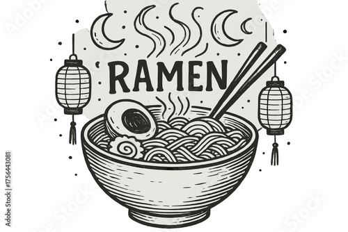 Lunar Ramen Bowl. Hand-drawn ramen bowl with moons, steam, and lanterns, center word “Ramen” in black and white isolated
