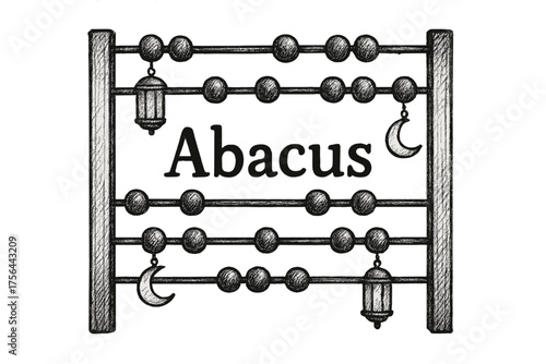 Abacus with Moons. Hand-drawn abacus with moons, beads, and lanterns, center word “Abacus” in black and white isolated transparent