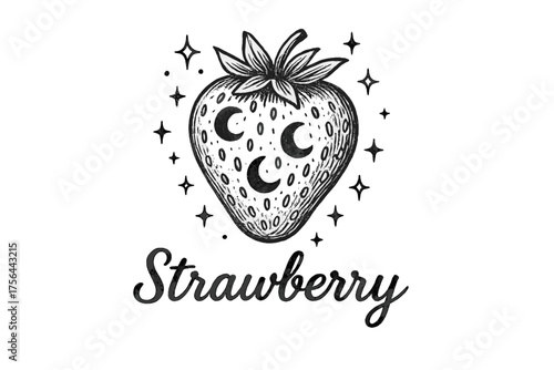 Celestial Strawberry Art. Hand-drawn strawberry with moons, seeds, and sparkles, center word “Strawberry” in black and white