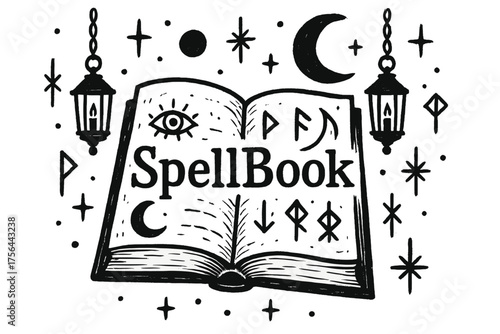 Mystic Spell Book. Hand-drawn spell book with lanterns, runes, and moons, center word “SpellBook” in black and white isolated