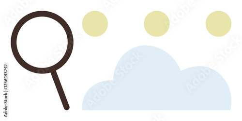 Magnifying glass near abstract cloud and dots, representing search, analysis, cloud technology. Ideal for data search, research, analysis, technology, cloud computing discovery simple flat metaphor