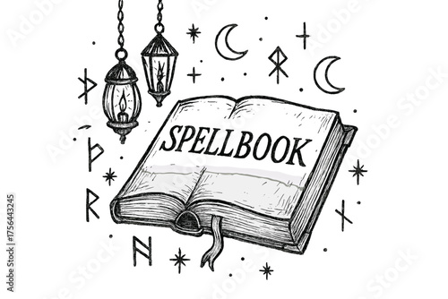 Mystic Spell Book. Hand-drawn spell book with lanterns, runes, and moons, center word “SpellBook” in black and white isolated