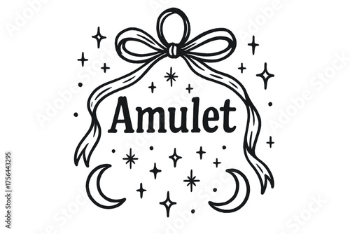 Charm Amulet Design. Hand-drawn charm amulet with ribbons, moons, and sparkles, center word “Amulet” in black and white isolated