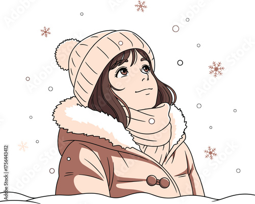 Young anime girl wearing a warm winter hat and scarf looking up at falling snow