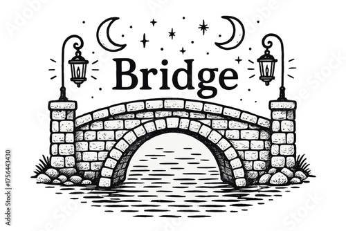 Celestial Stone Bridge. Hand-drawn stone bridge with moons, lanterns, and water, center word “Bridge” in black and white isolated