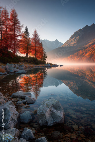Autumn Lake Reflection with Red and Orange Hues