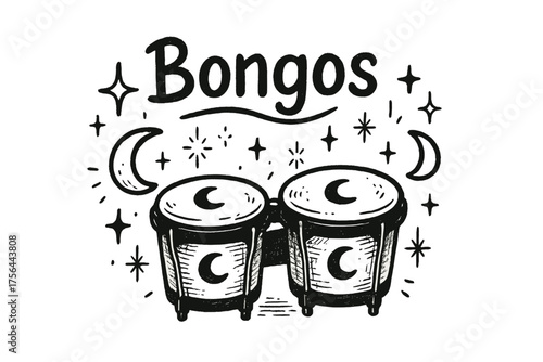 Celestial Bongos Design. Hand-drawn bongos with moons, rhythms, and sparkles, center word “Bongos” in black and white isolated