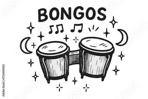 Celestial Bongos Design. Hand-drawn bongos with moons, rhythms, and sparkles, center word “Bongos” in black and white isolated